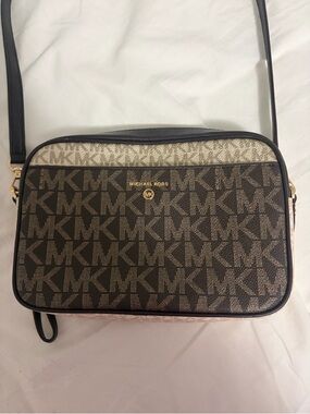 Michael Kors Jet Set Crossbody Bag Brown MK Signature Logo Leather Trim